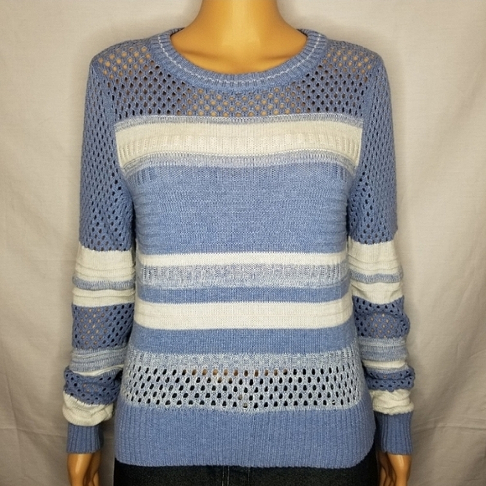Margaret O'Leary Light Blue and White Striped Open-Knit Crewneck Sweater